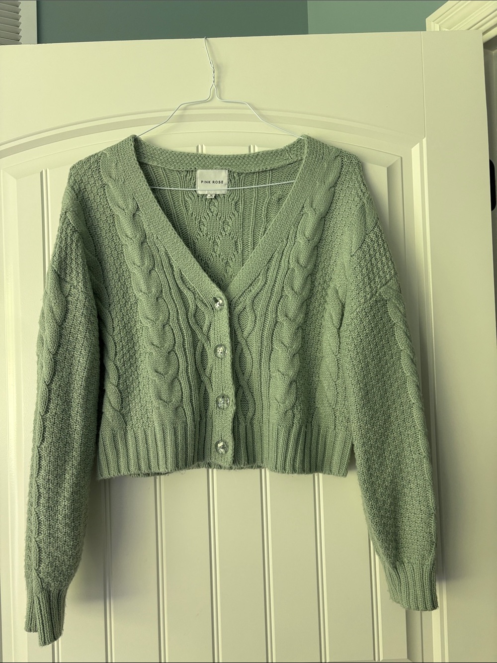 Pink Rose Sage Green Cable Knit Button-Front Cropped Cardigan